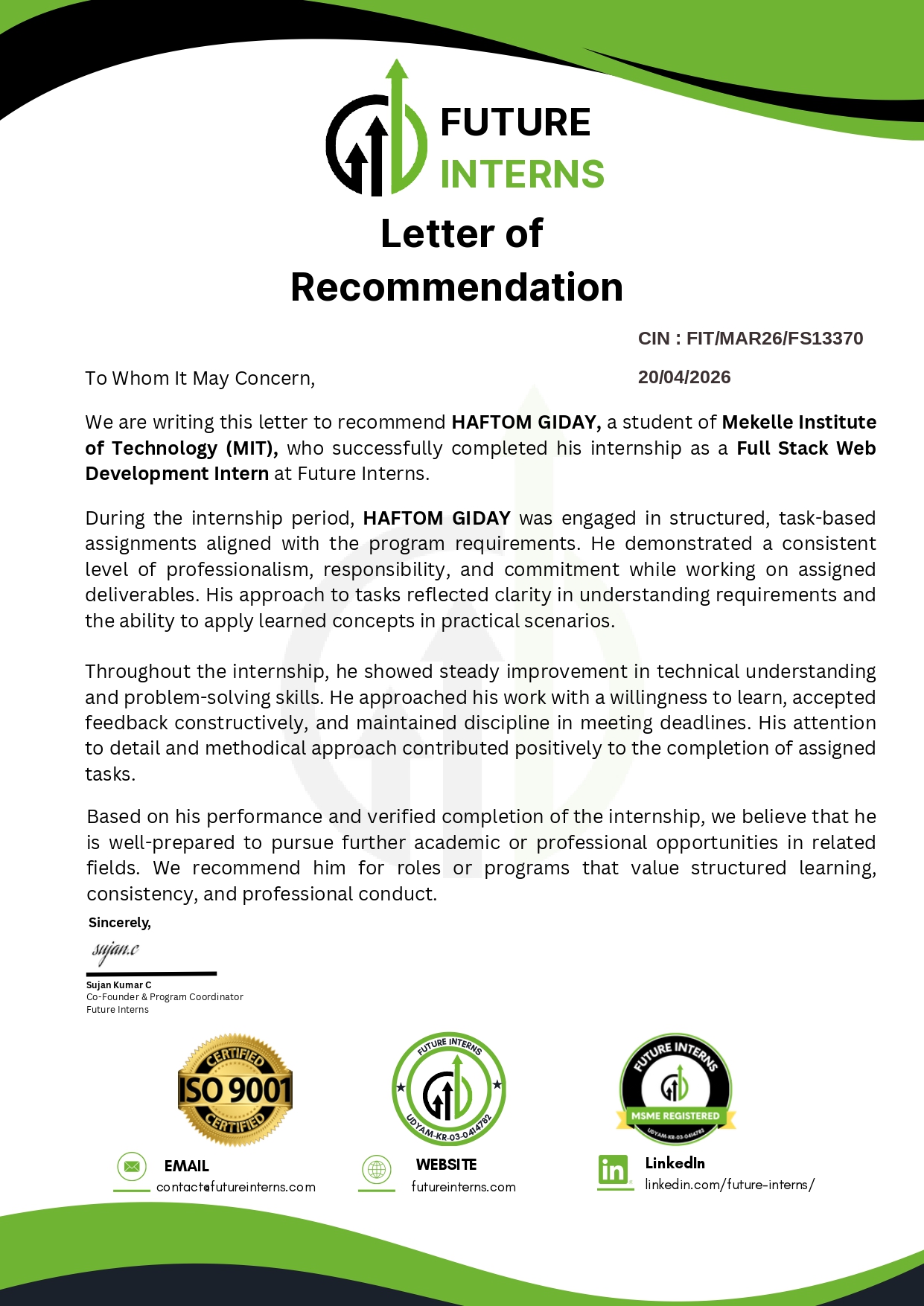Future Intern Recommendation Letter